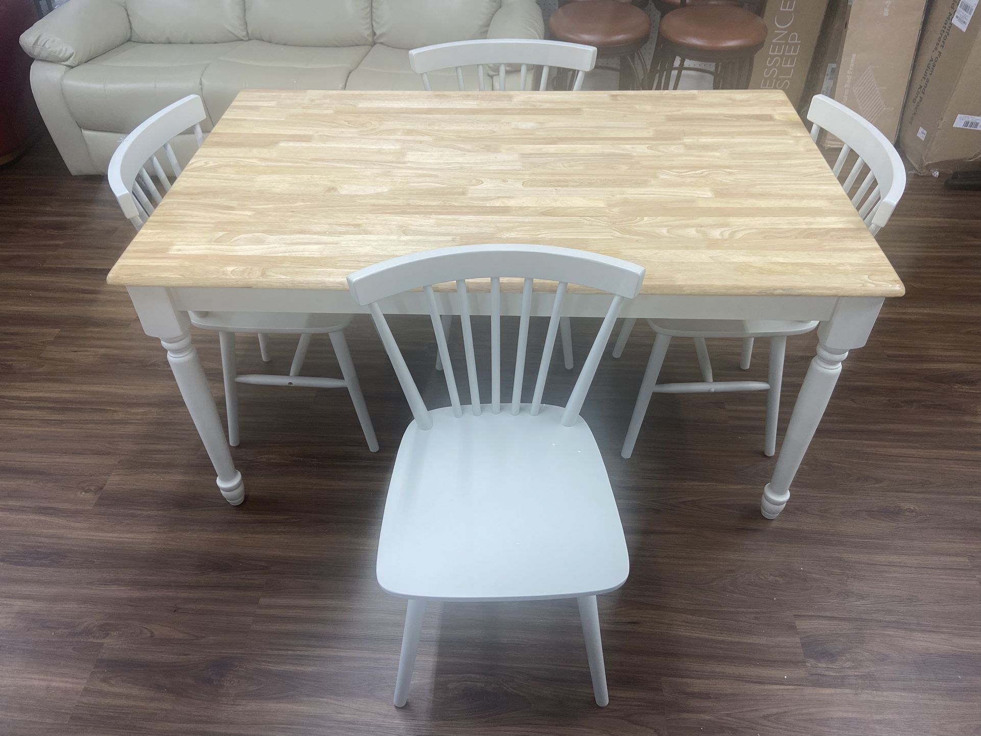 New 5pc Farmhouse Dining Set, Off White and Oak