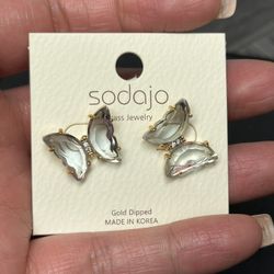 Gold Dipped Butterfly Charm Earrings Studs CZ 