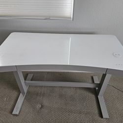 White Glass Top Standing Desk with Wireless Charging & Drawer