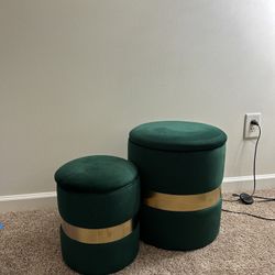 Adeco Set of 2 Velvet Storage Ottoman Round Foot Stool Metal Band - Velvet-Dark-Green