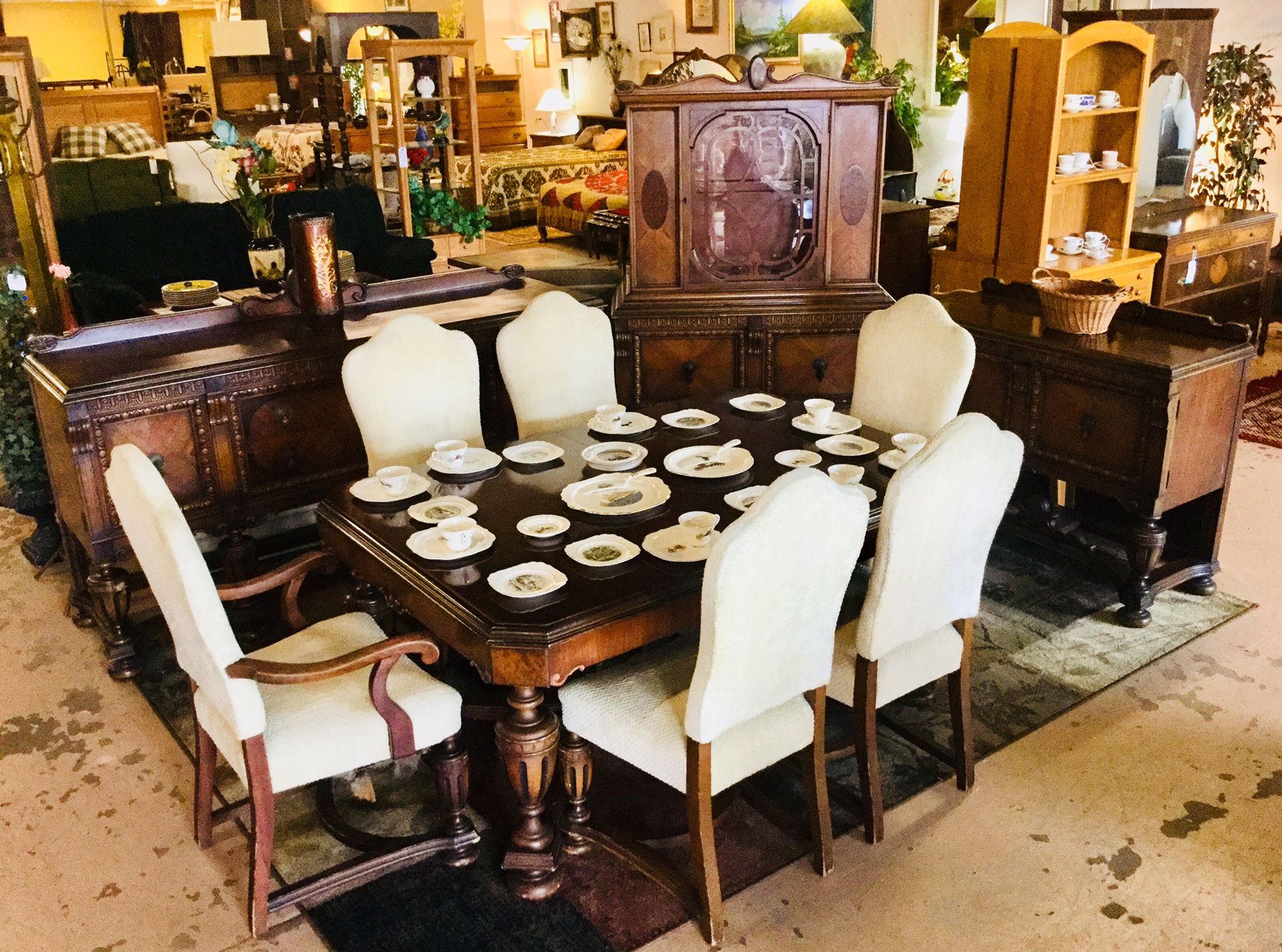Vintage Vanleigh Furniture Mahogany Inlaid Burlwood Dining Table w/ 6 Chairs