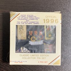 Vintage official 1996 Atlanta Olympic Games collector pin set. Licensed by the US Olympic Committee and Atlanta Organizing Committee.