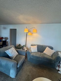 Loveseat and Armchair Set with Dusty Blue Slipcovers