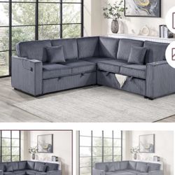 $550.  Sectional Pull Out Bed With Storage USB Cup Holder Available,I Ivory,Dark Gray,Corduroy
