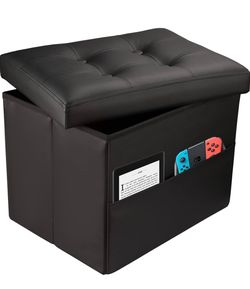 Collapsible Ottoman with Storage - Foot Rest Ottoman with Side Pocket - Black L17W13H13inches