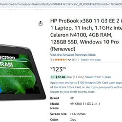 HP ProBook x360 11 G3 EE 2 in 1 Laptop, 11 Inch, 1.1GHz Intel Celeron N4100, 4GB RAM, 128GB SSD, Windows 11 Pro
