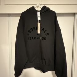 Brand New W/ Tags Men’s Large  Essentials Fear Of God Jet Black Hoodie W Cotton Body & nylon Hood  For Rain Protection 