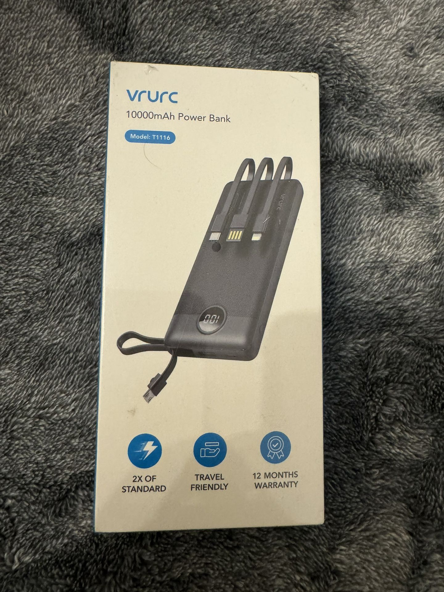 VRURC Portable Charger 10000mAh, Slim LED Display Power Bank, 5 Output 2 Input Cell Phone Battery Pack, Built-in Micro & USB C Cables Phone Charger Co