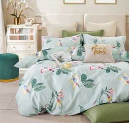 New Floral Cotton Queen Duvet Cover Set 3Pcs Comforter Cover 2 Pillowcases Light Blue Green Flower Bedding Set