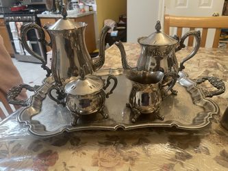 Vintage - Pewter Serving Tray, Tea Pot, Sugar and Creamer - Gorgeous Set