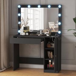 Vanity Desk w/ Lighted Mirror & Storage – Black