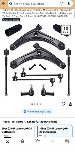 TUCAREST 10Pcs Suspension Kit Fit For Mi-tsubishi 08-17 Lancer, 07- 20 Outlander, 2 Front Lower Control Arm w/Ball joint + 4 Outer Inner Tie Rod + 2 S