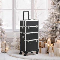 Rolling Makeup Train Case 3 in 1 Cosmetic Makeup Case Large Aluminum Trolley Makeup Travel Case Professional Rolling Cosmetic Beauty Storage, with 360