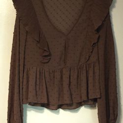 Brown long sleeve blouse  with  ruffle front