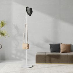 H 64.5 in. Freestanding White Color Metal Coat Rack with Stone Base