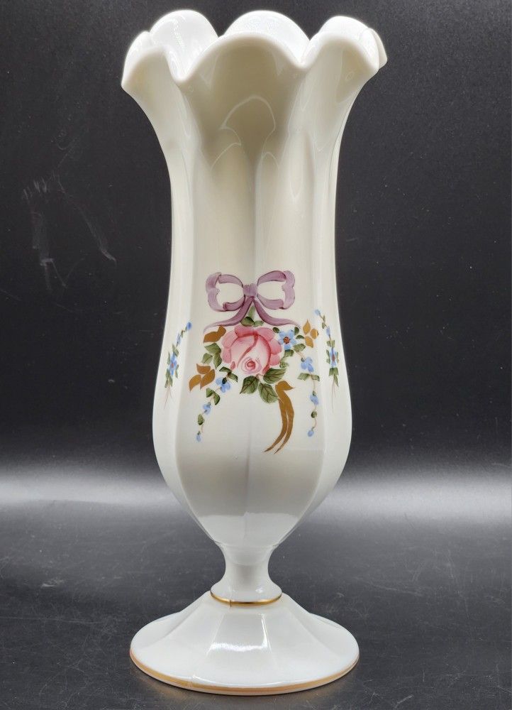 Westmoreland Roses and Bows Hand Painted White Milk Glass Footed Scalloped Flower Vase