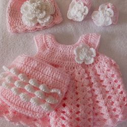 Crochet Baby Girl Pink and White Heirloom Dress Set Photo Prop Shipping Available