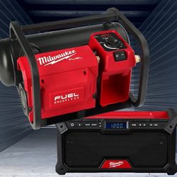 Milwaukee m18 jobsite radio (tool only) and m18 fuel 2 gallon compact quiet compressor(tool only)