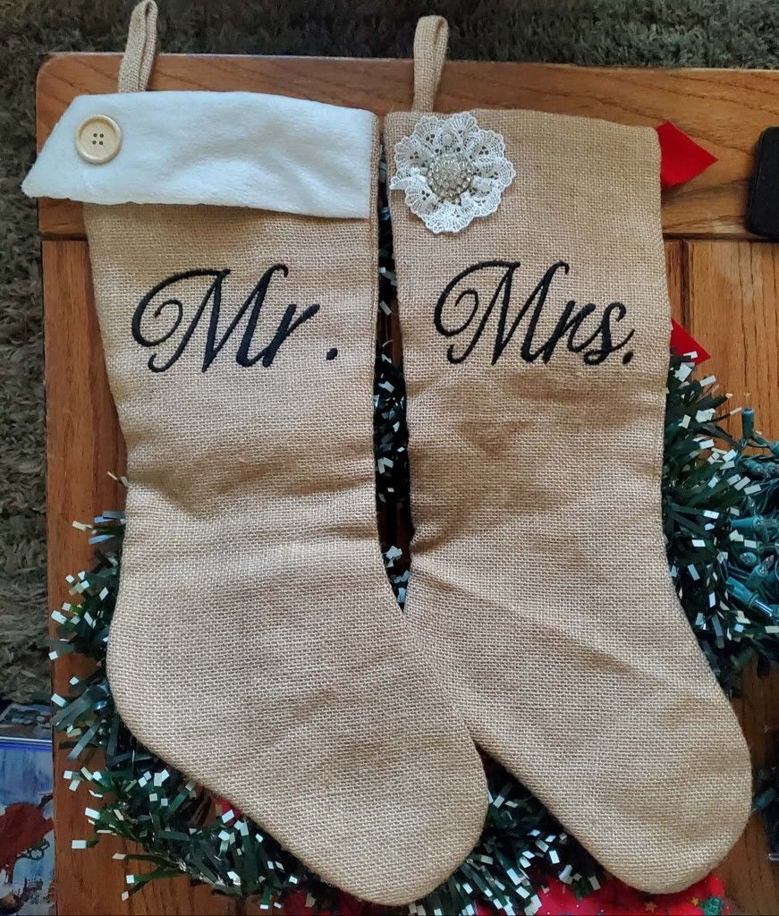 New Mr.& Mrs Burlap Christmas Stockings