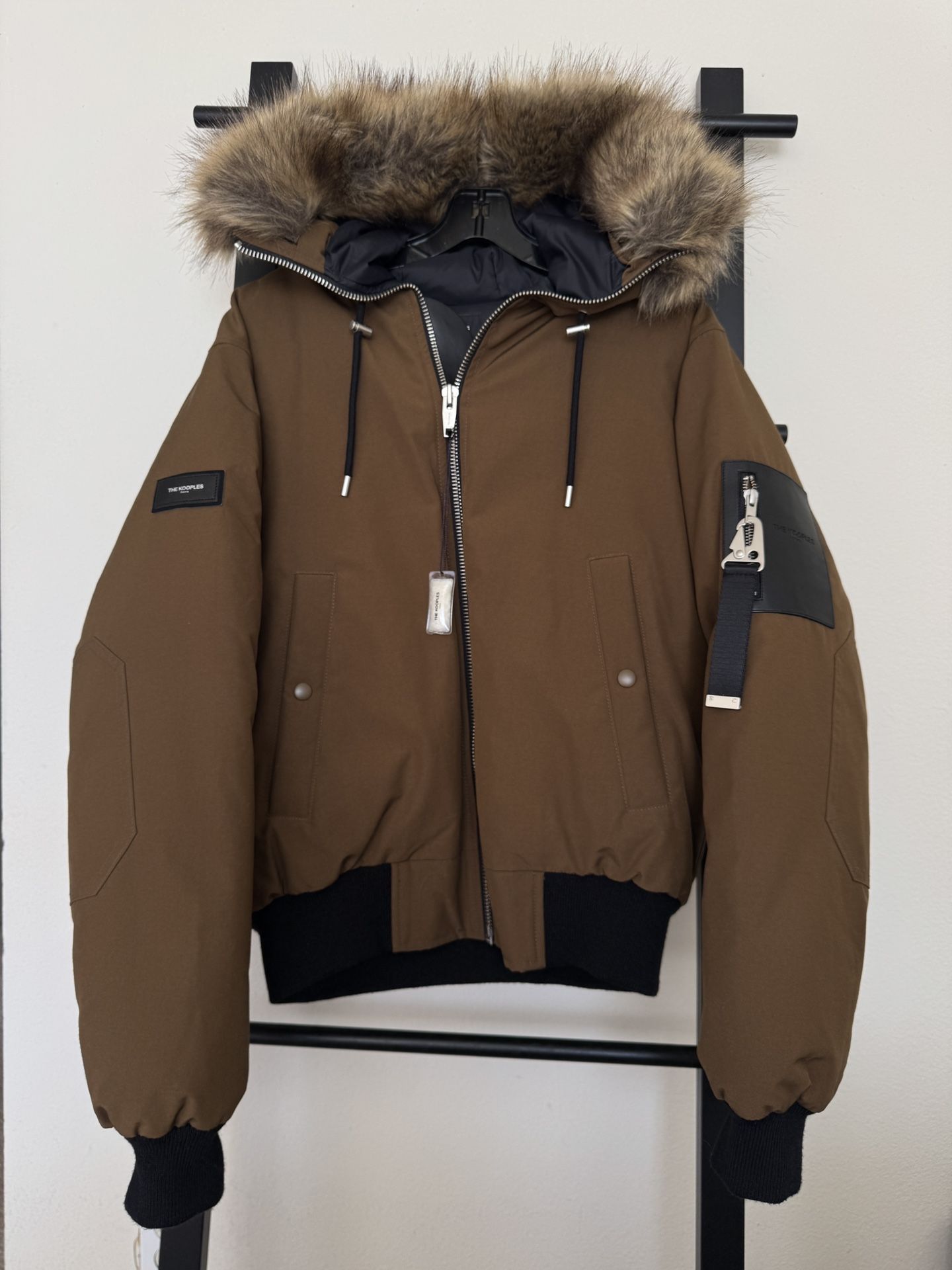 THE KOOPLES Men’s Short Down Jacket Size S Nylon With Hoodie Camel Color