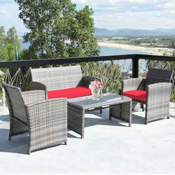Costway 4-Piece Patio Set Gray Wicker ,Red Cushions New In Box