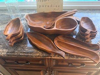 Wooden serving bowl set with utensils