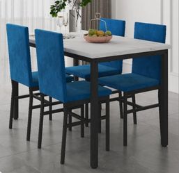 5 Piece Dining Table Set, Modern Faux Marble Table and 4 Velvet Upholstered Chairs, Rectangle Kitchen Table and Chairs for 4 Persons, Small Dining Set