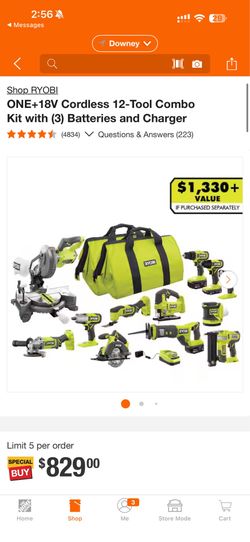 RYOBI ONE+18V Cordless 12-Tool Combo Kit with (3) Batteries and Charger