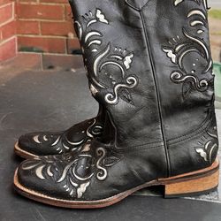 Roper Fancy Silver Inlay Black Cowgirl Boots women Size 6.5