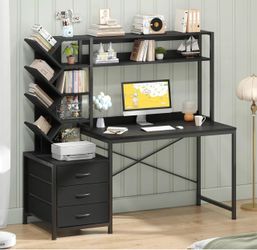 52" Computer Desk with Bookshelf, 3 Drawers ＆ Hutch for Bedroom Black Office Desk with Printer Shelf, Study Writing Desk with Storage Shelves