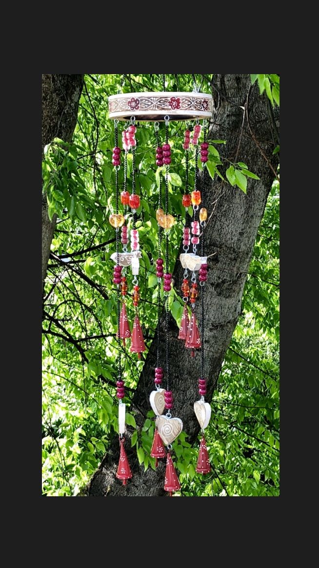 Wood Birds & Hearts Iron Red Bells & Beads Large Wind Chime Sun Catcher Mobile