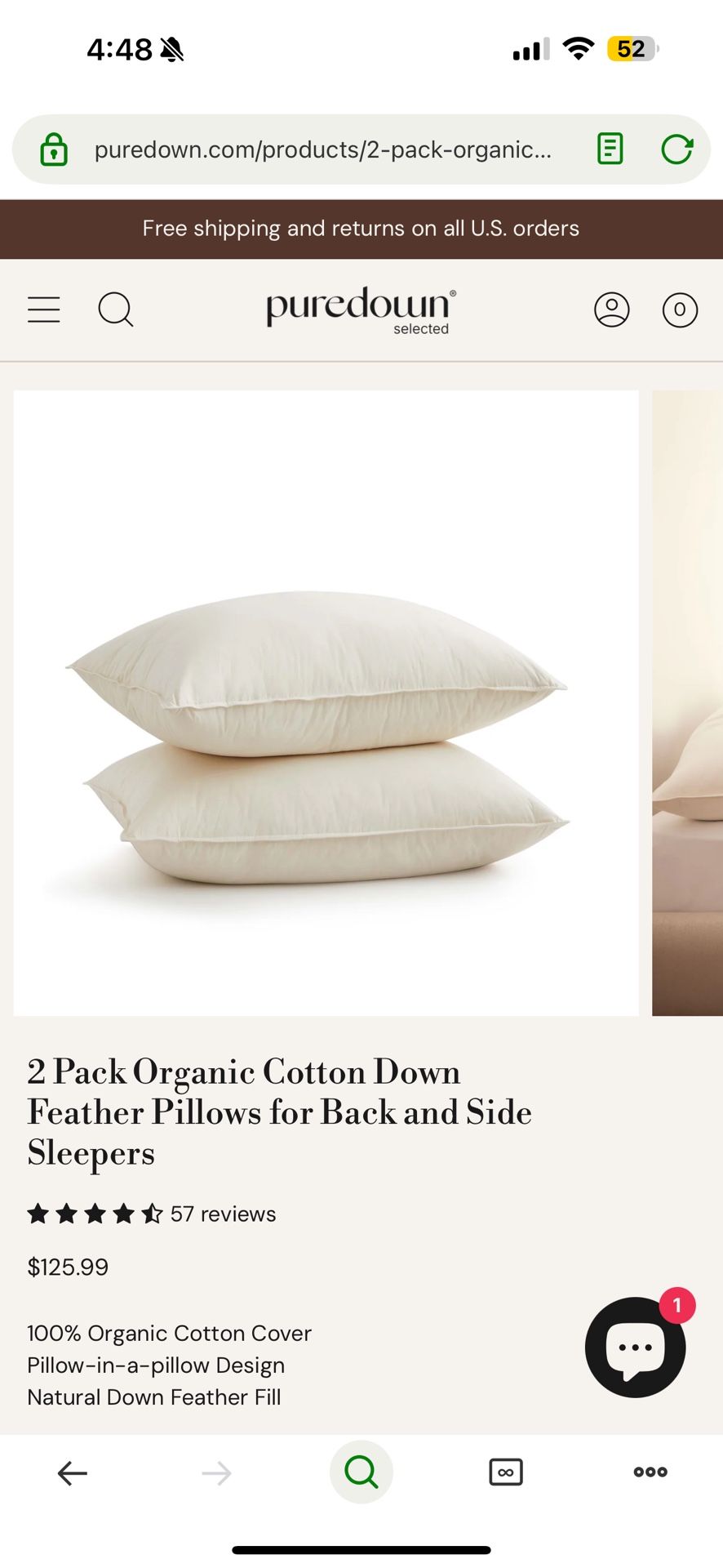 Set of 2 Organic Cotton Down Feather King Pillows LIKE NEW