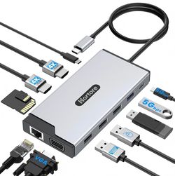 New in Box 12-in-1 Docking Station USB C Hub Dual Monitor w/ 2 HDMI, VGA, RJ45, 100W PD