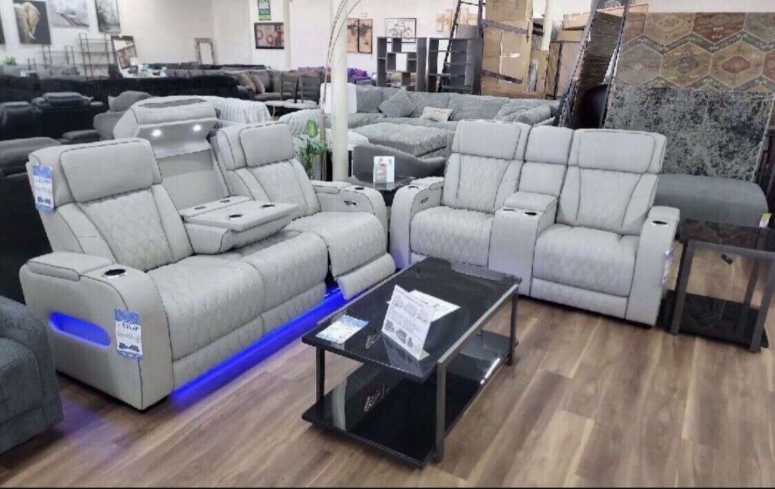 New Gray Genuine Leather Sofa And Love Seat Couch Set With LED Lights, Cup Holders And USB Ports