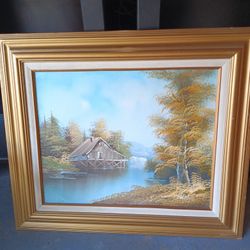 Beautiful Oil Painting Framed House On Lake 23.5" X 28"