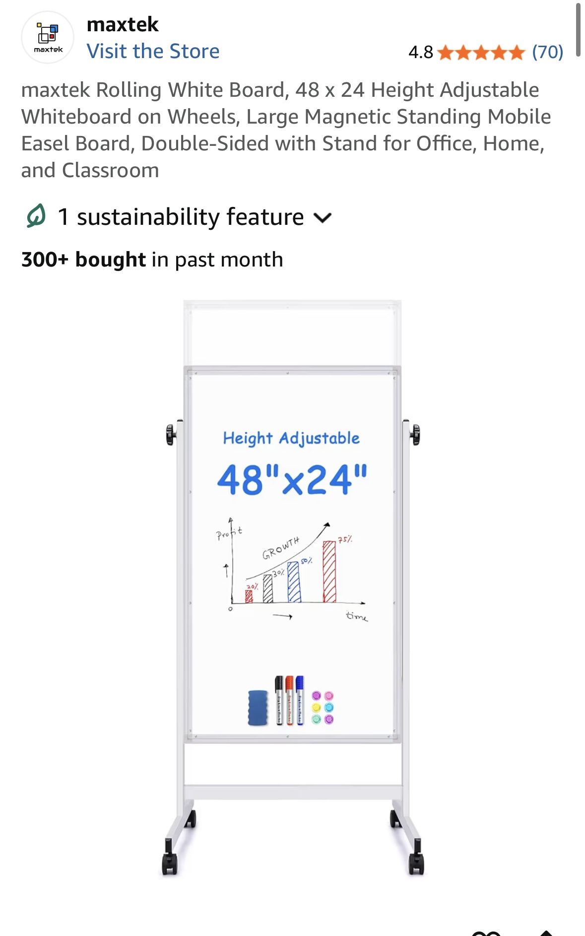 Maxtek Rolling White Board 48 x 24 Height Adjustable Whiteboard on Wheels Magnetic  Easel New In Box