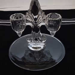 VINTAGE Art Deco Fleur De Lis crystal glass double candle holder $5 FIRM