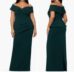 New $278 XSCAPE Off the Shoulder Scuba Crepe Column Gown Pine 14W Sold Out