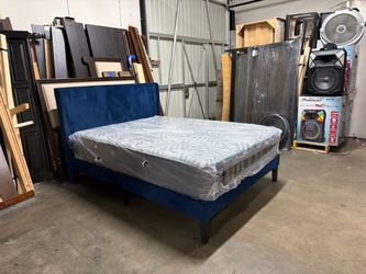 Blue Velvet Upholstered Bed Frame with Mattress