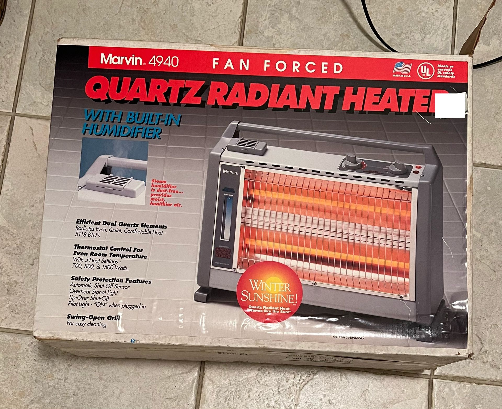  Marvin 4940 Quartz Radiant Heater 1500 Watt Heater & Humidifier Made In U.S.A.