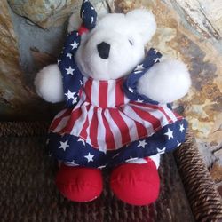 White Sitting Plush Bear in her Red/White/Blue Dress
