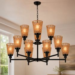 12-Light Rattan Chandelier, 2-Tier Boho Farmhouse Wicker Ceiling Fixture Adjustable Kitchen Island