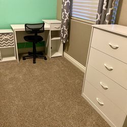 Girls White Furniture & Desk: Tall Dresser + Desk + Chair + Cubicle