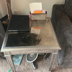 2 GLASS SILVER/GRAY END TABLES