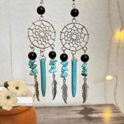 Dream catcher Turquoise And Black Obsidian Quartz Earrings 