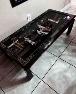 Mid Century Modern Black Lacquer Chinoiserie Coffee Table 48”Lx22”Wx16”H