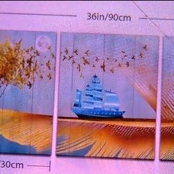 3 Piece Decorative Wall Art, Golden Feather and Yellow Tree Paintings