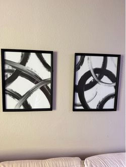 Set of 2 Black and White Framed Abstract Wall Art