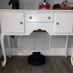 Wooden Buffet Table / Server Desk, White With Teal Hardware