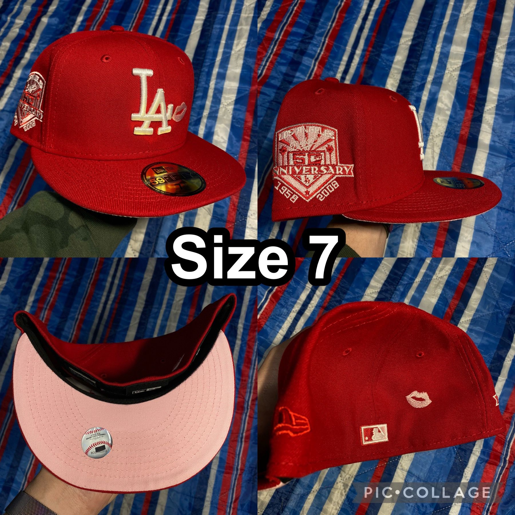 New Era Fitted LA Dodgers Red Pink 50th Anniversary Valentines Lips Kiss Size 7